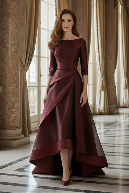 High-Low Satin Evening Dress with 3/4 Sleeves