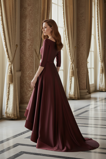 High-Low Satin Evening Dress with 3/4 Sleeves