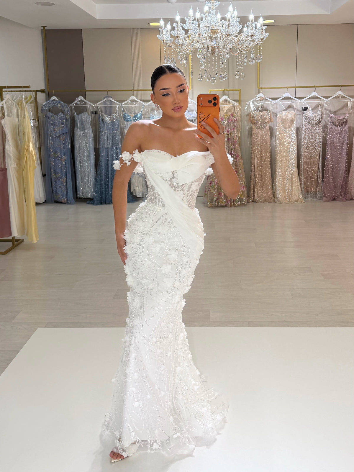 Sequin 3D Floral Mermaid Wedding Gown with Draping