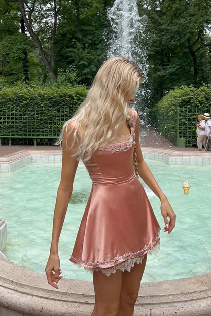 Satin A-Line Mini Dress with Beaded Lace Trim