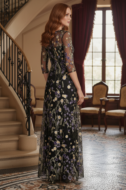 Floral Embroidered Illusion Mesh Maxi Evening Dress