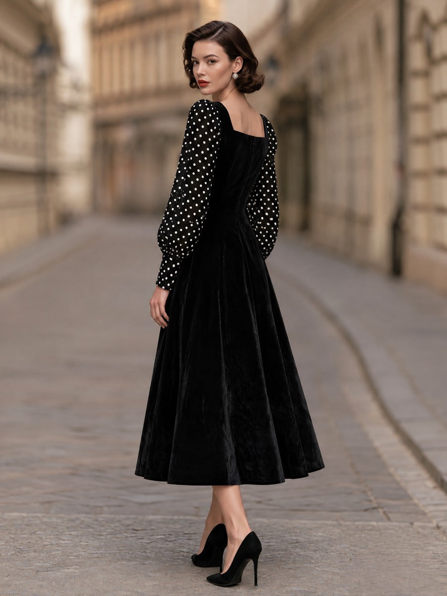 Velvet Midi Dress with Polka Dot Sleeves