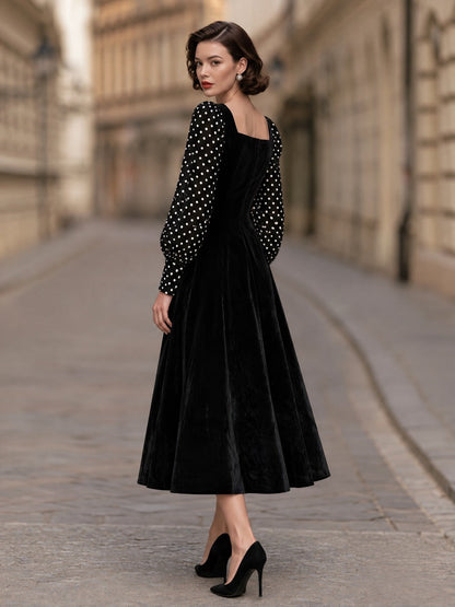 Velvet Midi Dress with Polka Dot Sleeves