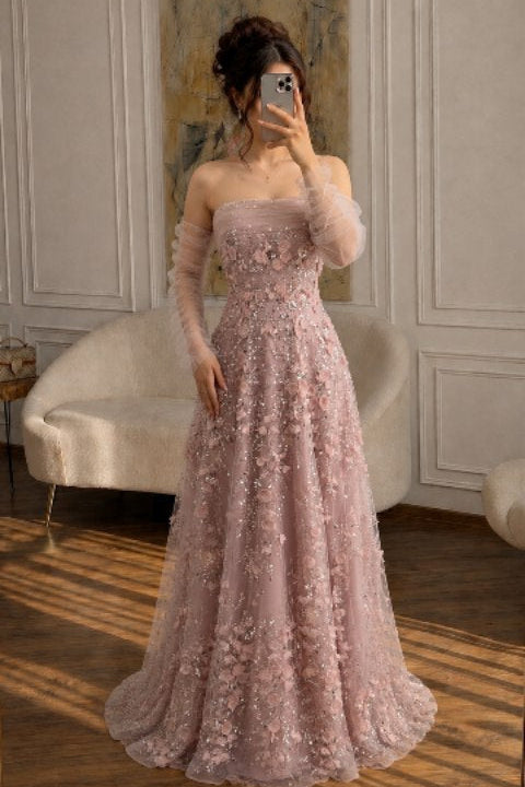 Floral Applique Strapless Evening Gown