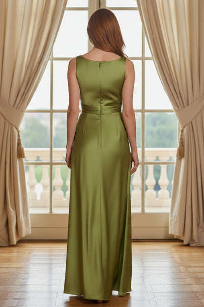 Ruched Satin Sleeveless Gown with Slit