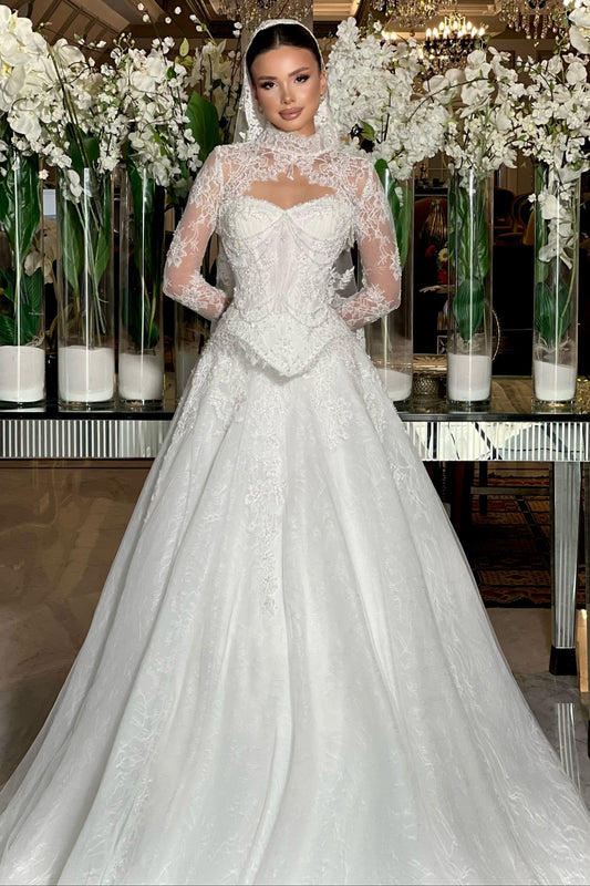 Lace High-Neck Corset Ball Gown Wedding Dress