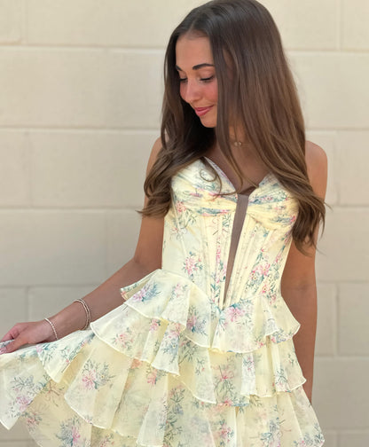 Tiered Ruffle Corset Mini Dress with Floral Print