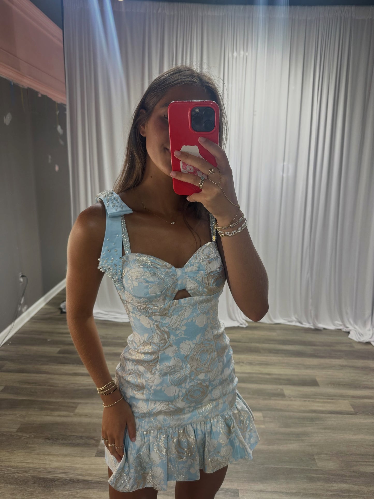 Floral Jacquard Ruffled Mini Dress with Bow Straps