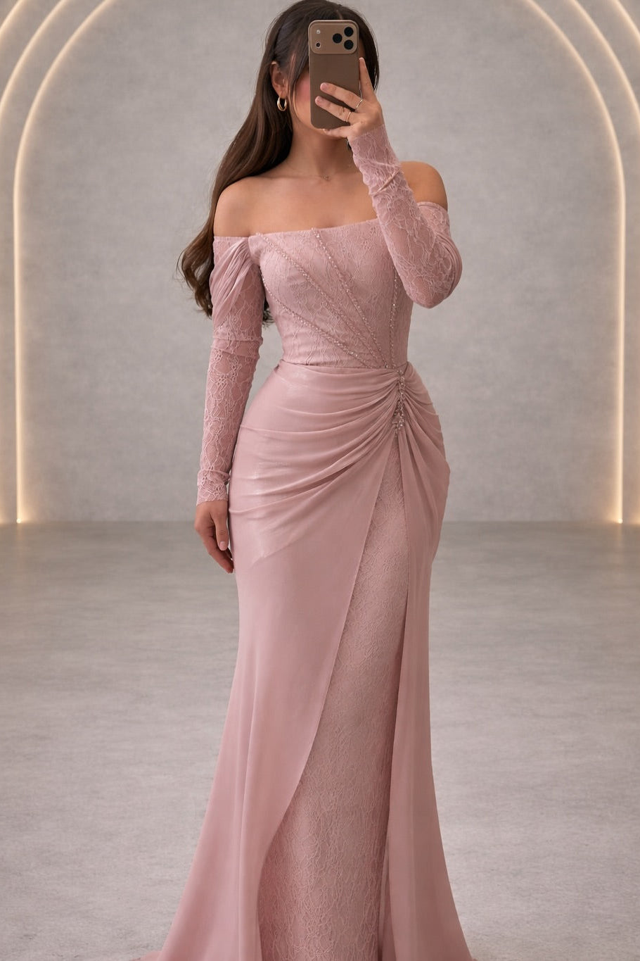 Off-Shoulder Lace Draped Evening Gown