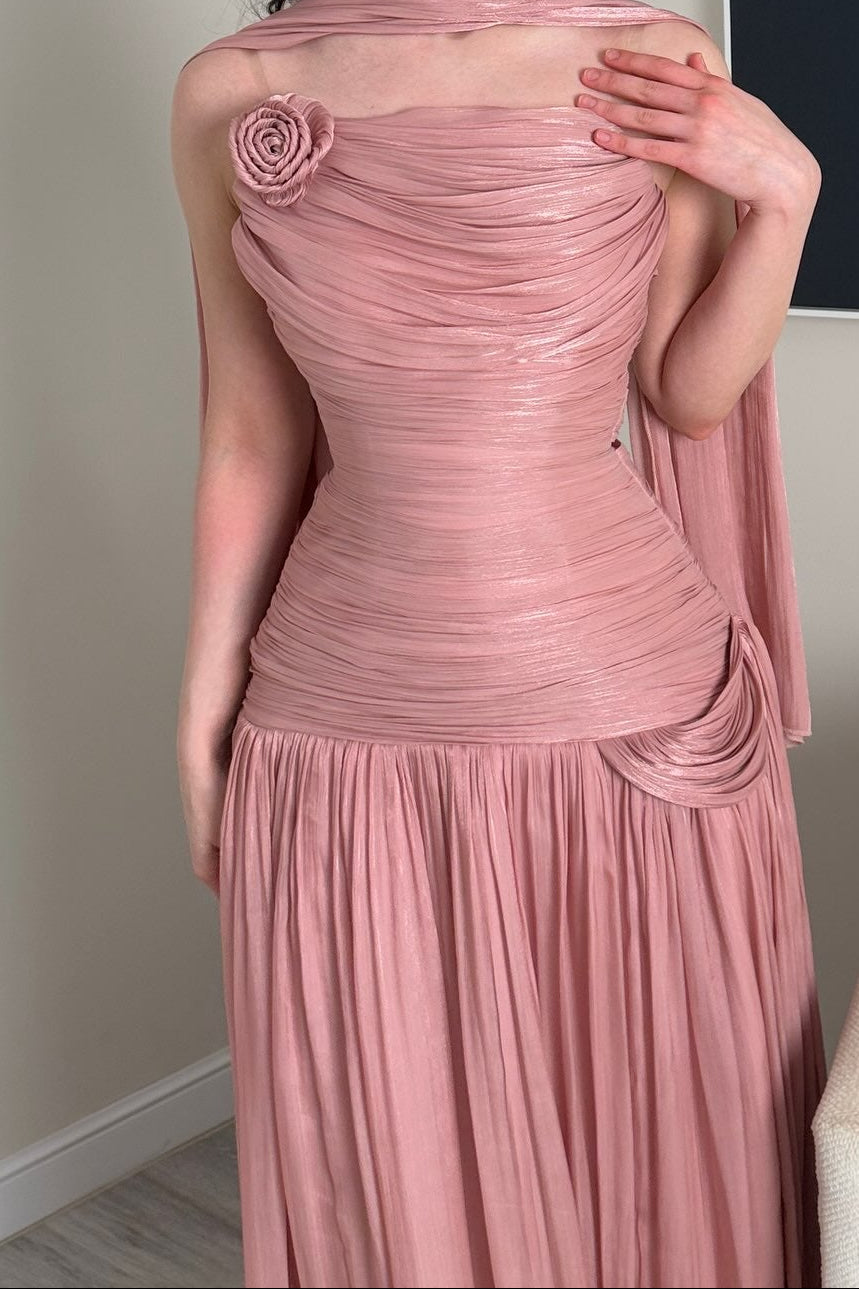 Ruched Drop-Waist Gown with Matching Neck Scarf