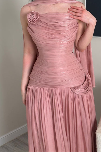 Ruched Drop-Waist Gown with Matching Neck Scarf
