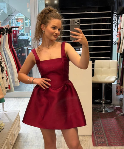 Square Neck Satin Fit-and-Flare Mini Dress