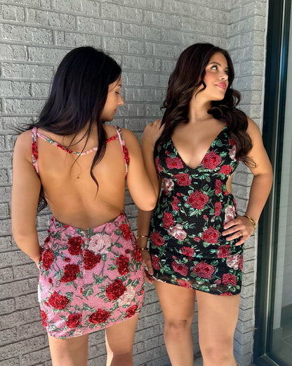 Floral Beaded Cut-Out Mini Dress with Open Back