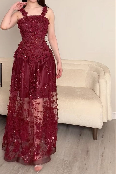 3D Floral Sequin Square Neck Maxi Dress