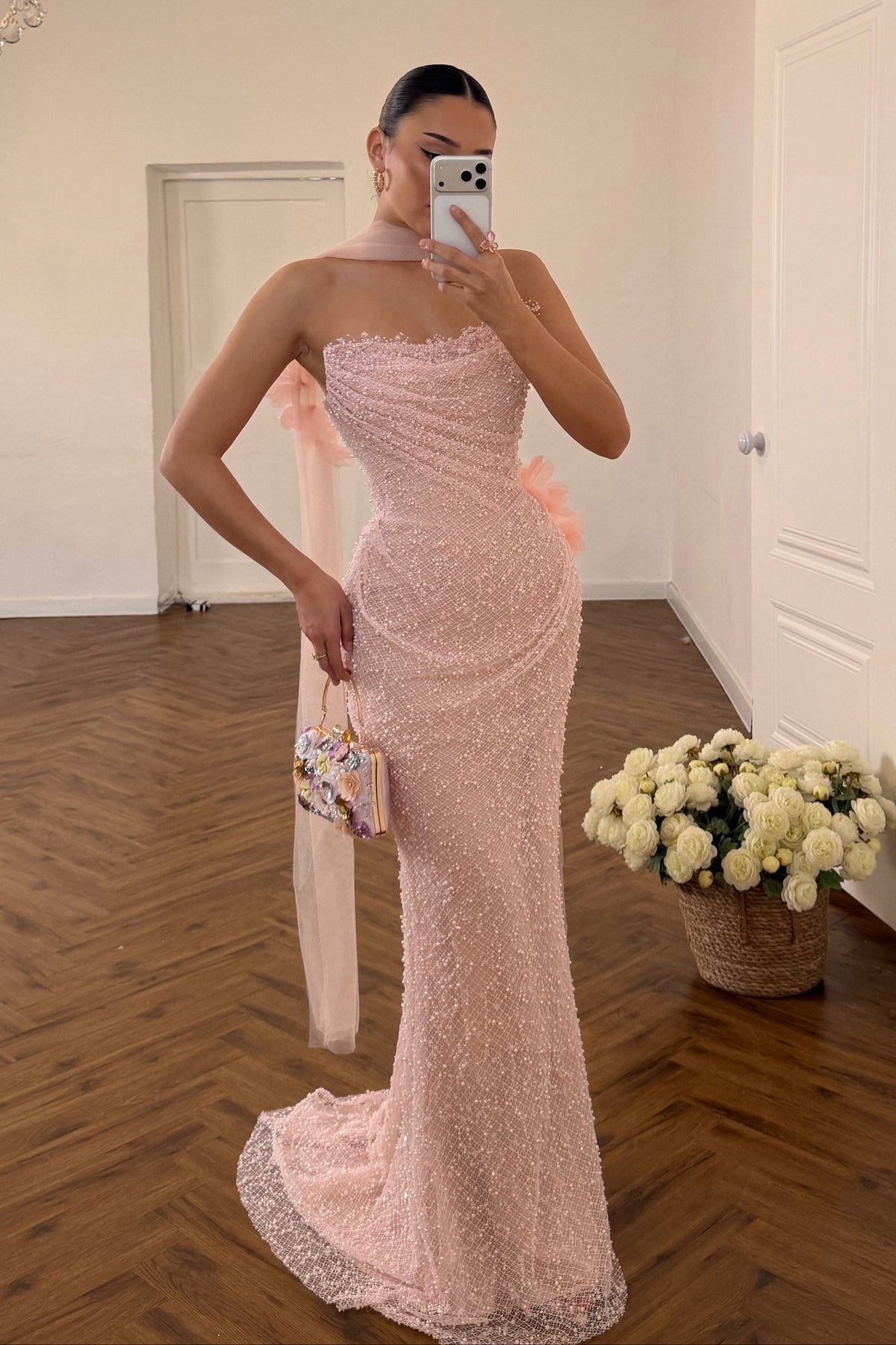 Strapless Beaded Column Evening Gown with Scarf