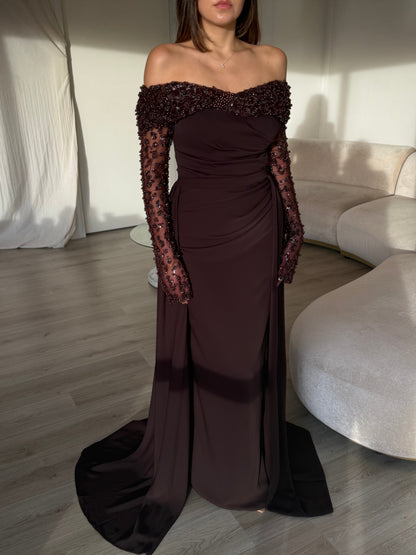 Off-the-Shoulder Beaded Long Sleeve Gown