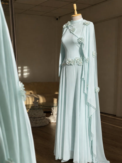 High Neck Cape Evening Gown with 3D Floral Appliques