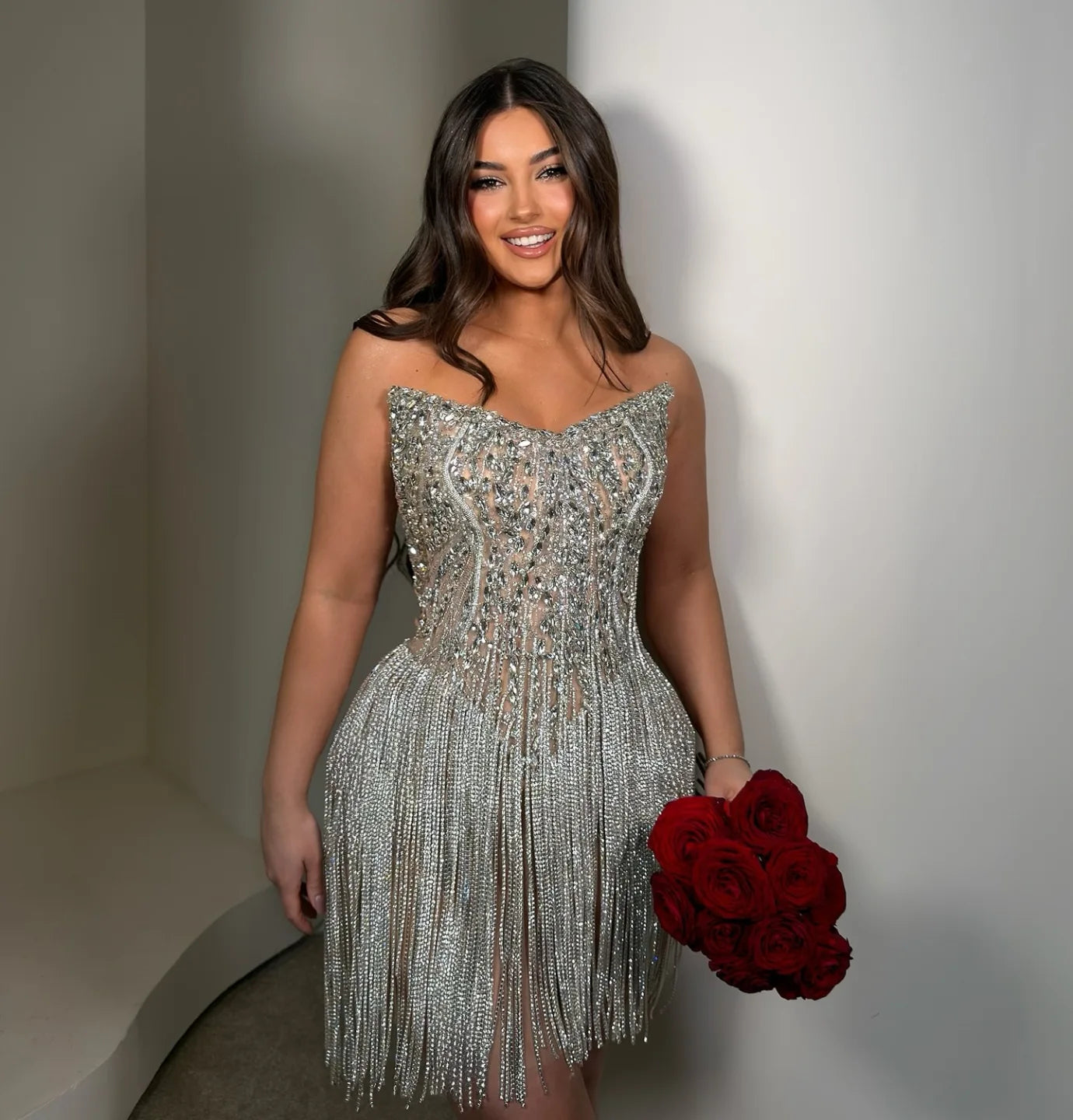 Strapless Crystal Corset Fringe Mini Dress