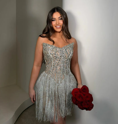 Strapless Crystal Corset Fringe Mini Dress