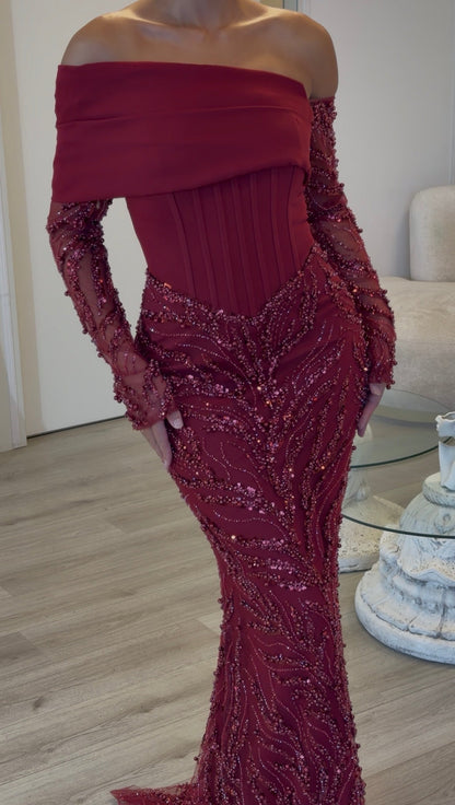Off-Shoulder Corset Mermaid Gown with Beading