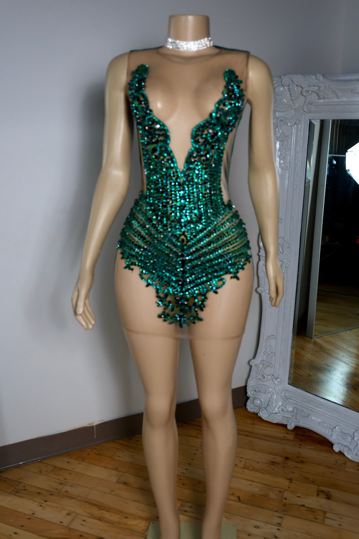 Plunging Illusion Beaded Bodycon Mini Dress