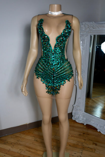 Plunging Illusion Beaded Bodycon Mini Dress