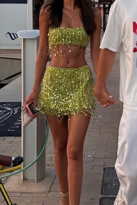 Two-Piece Sequin Fringe Crop Top and Mini Skirt Set
