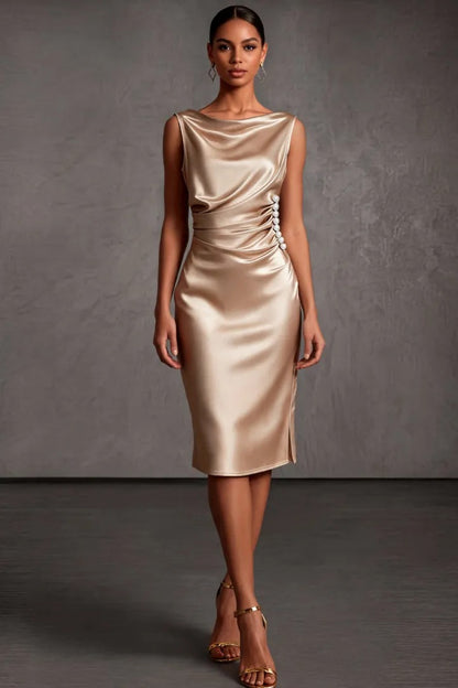 Cowl Neck Ruched Satin Midi Dress with Pearls