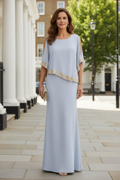 Cold-Shoulder Cape Evening Gown with Beaded Hem