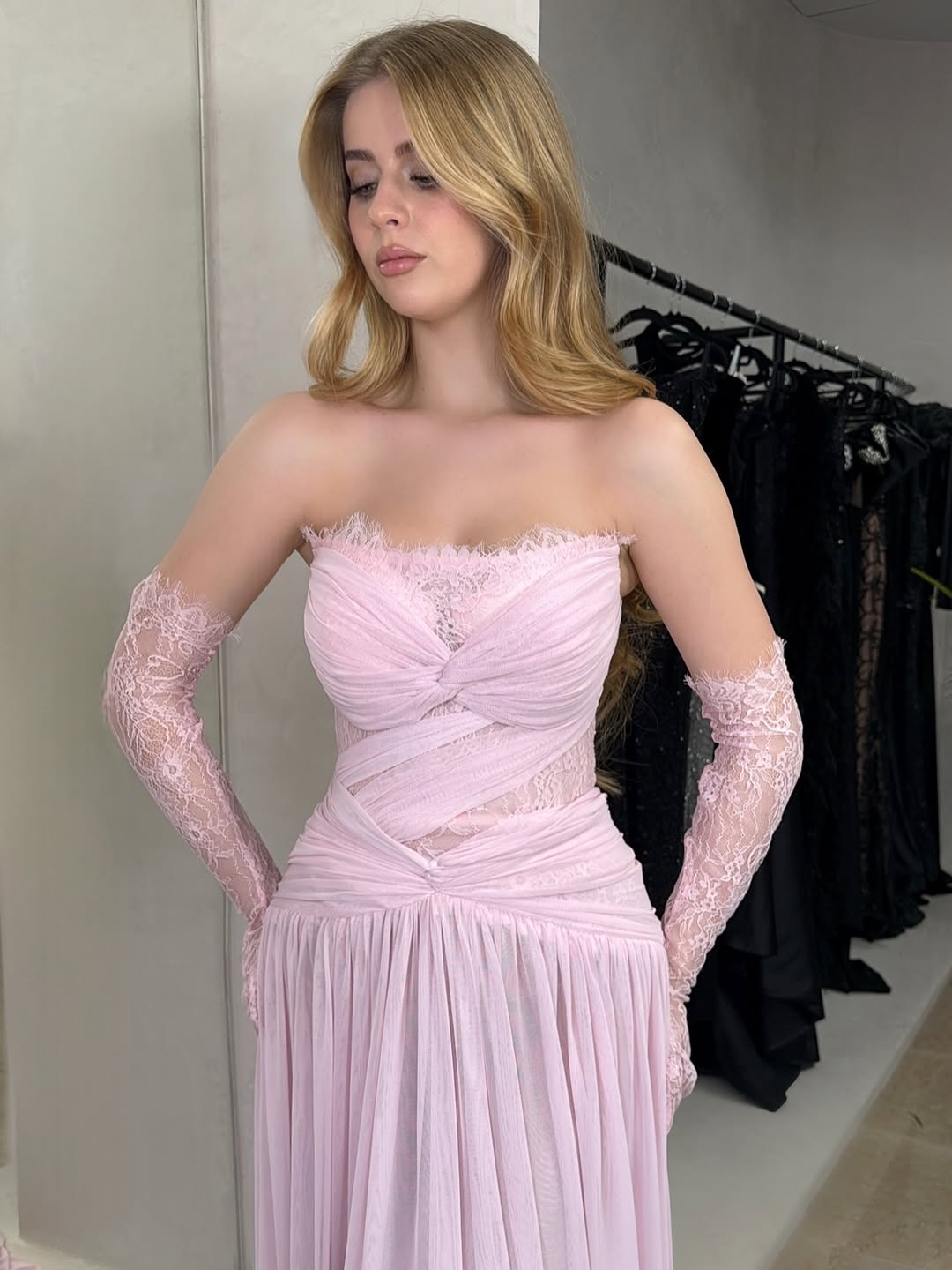 Strapless Ruched Lace A-Line Formal Gown