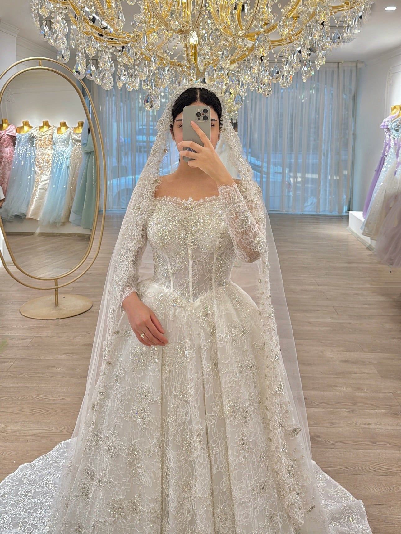 Long Sleeve Beaded Lace Corset Ball Gown Wedding Dress