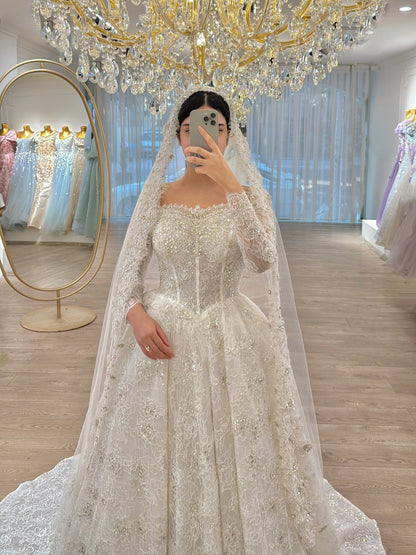Long Sleeve Beaded Lace Corset Ball Gown Wedding Dress