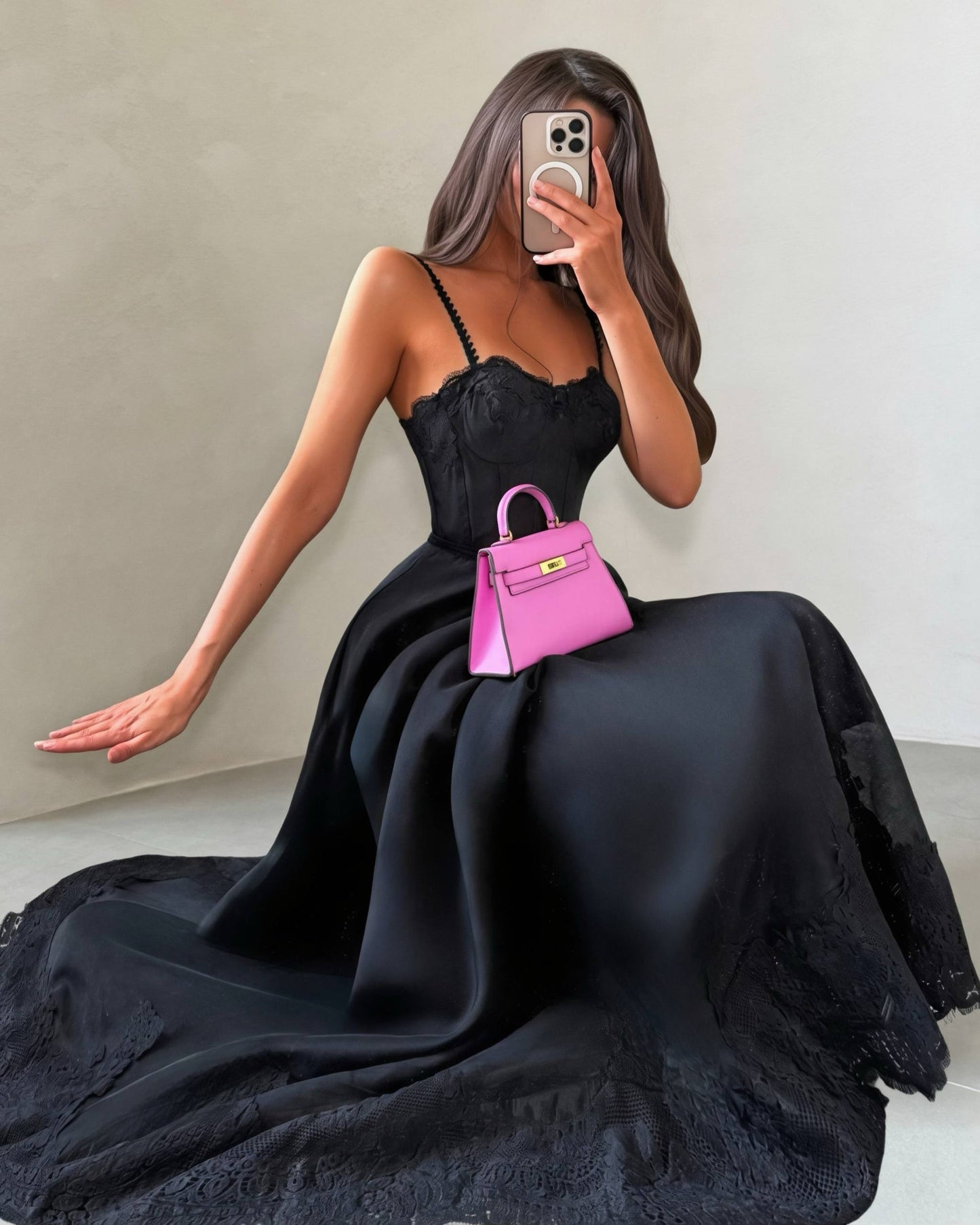 Lace Corset Bodice Satin Maxi Dress with Pearl Straps