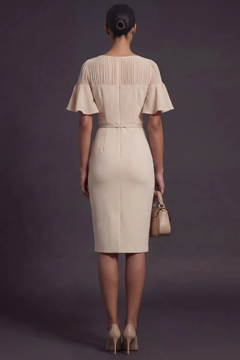 Pleated Flutter Sleeve Belted Sheath Dress