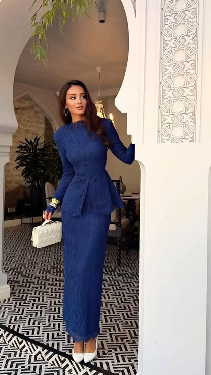 Lace Peplum Maxi Dress with Long Sleeves
