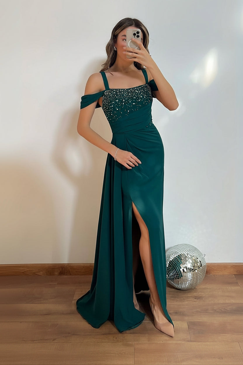 Beaded Off-Shoulder Slit Satin Evening Gown