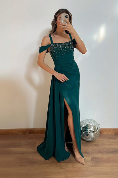 Beaded Off-Shoulder Slit Satin Evening Gown