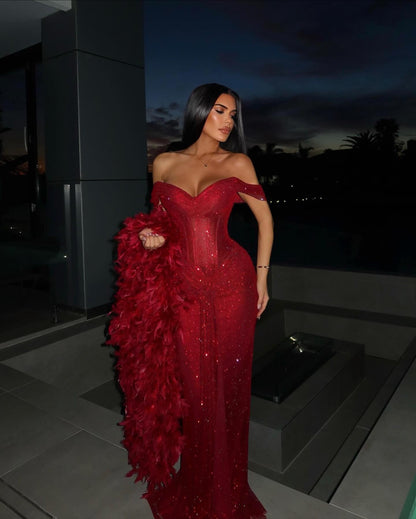 Off-the-Shoulder Glitter Corset Gown with Feather Boa