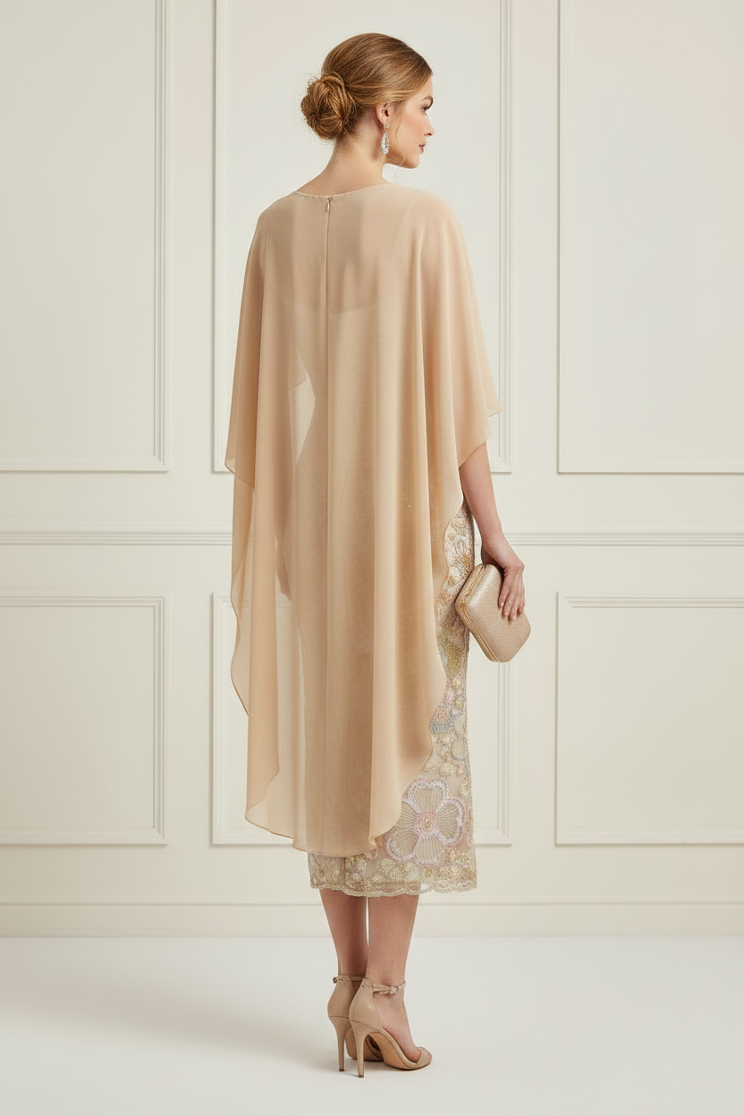 Embroidered Midi Dress with Chiffon Cape Overlay