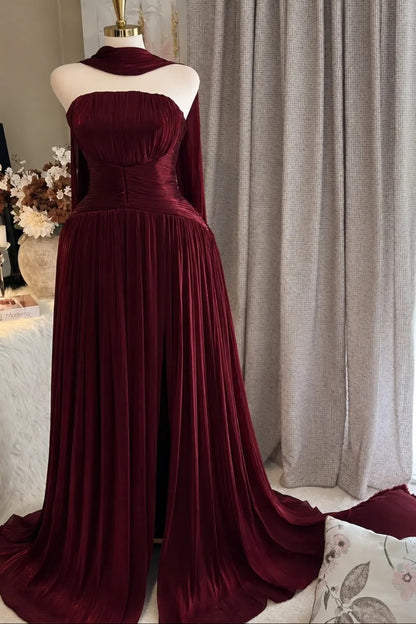 Pleated Strapless Evening Gown with Neck Drape