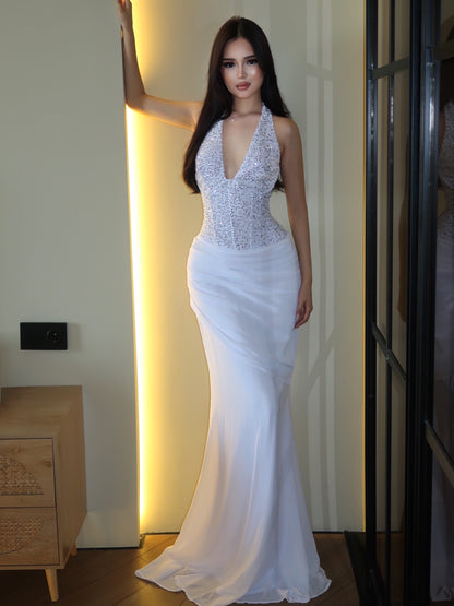 Halter Deep V-Neck Corset Draped Evening Gown