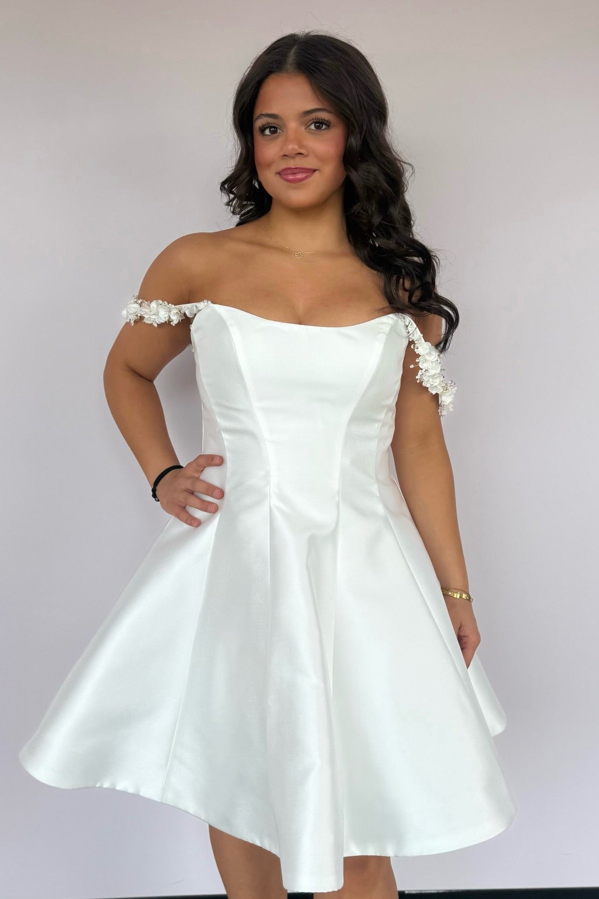 Off-the-Shoulder Satin A-Line Short Dress