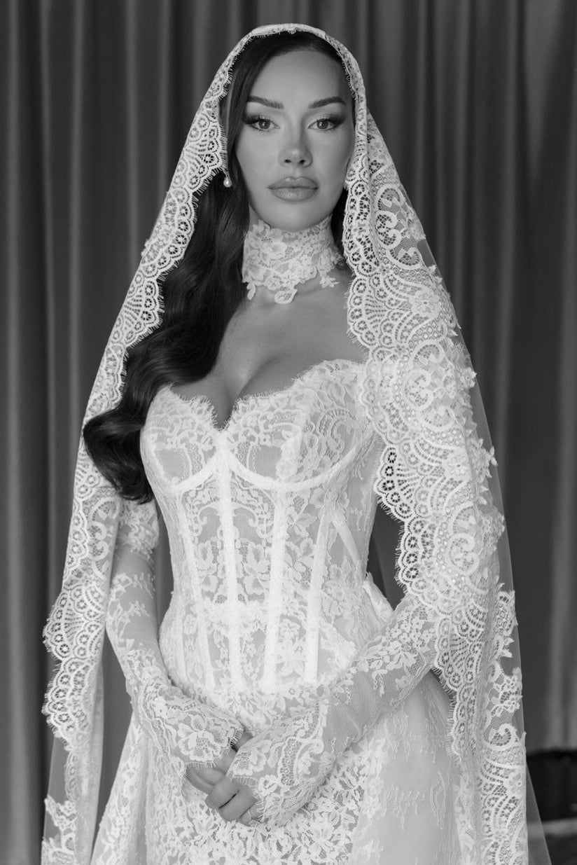 Lace Corset Ball Gown Wedding Dress with Long Sleeves