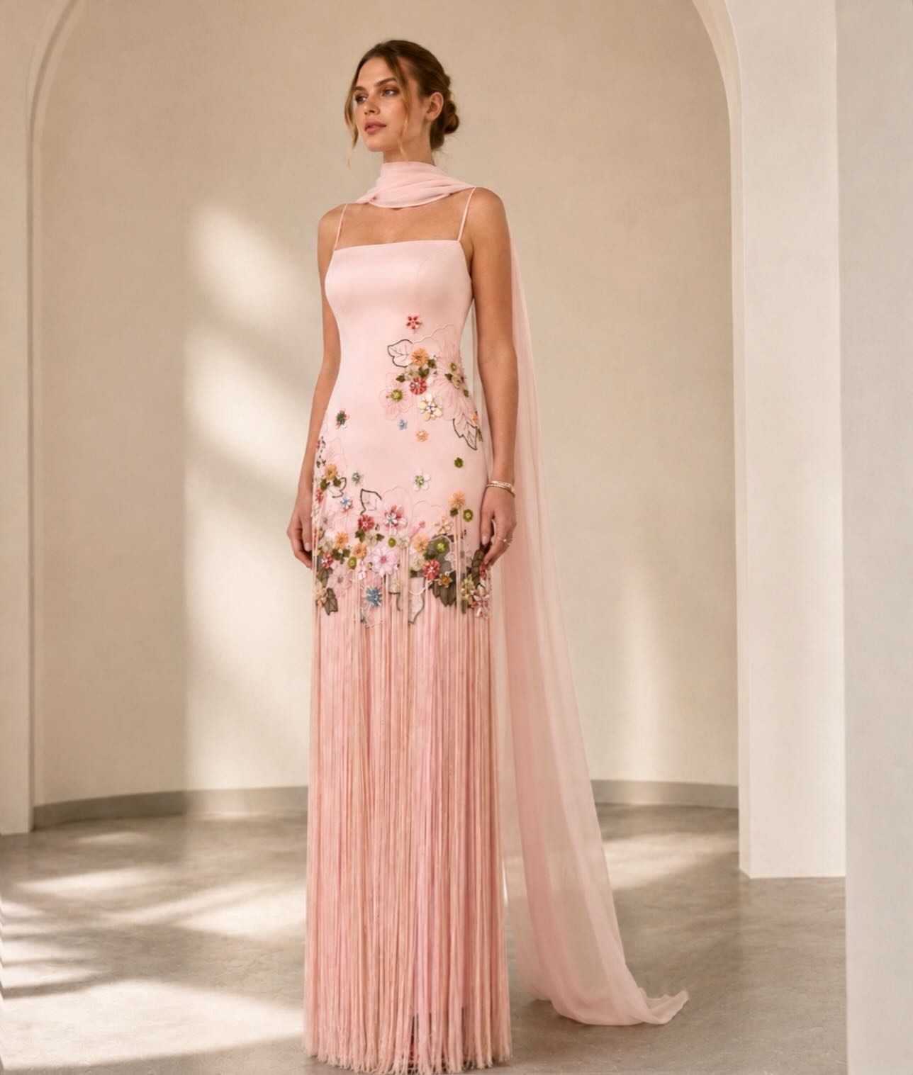 Floral Embroidered Fringe Column Gown with Shawl