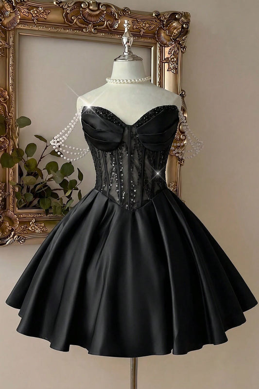 Sweetheart Corset A-Line Mini Dress with Pearl Straps