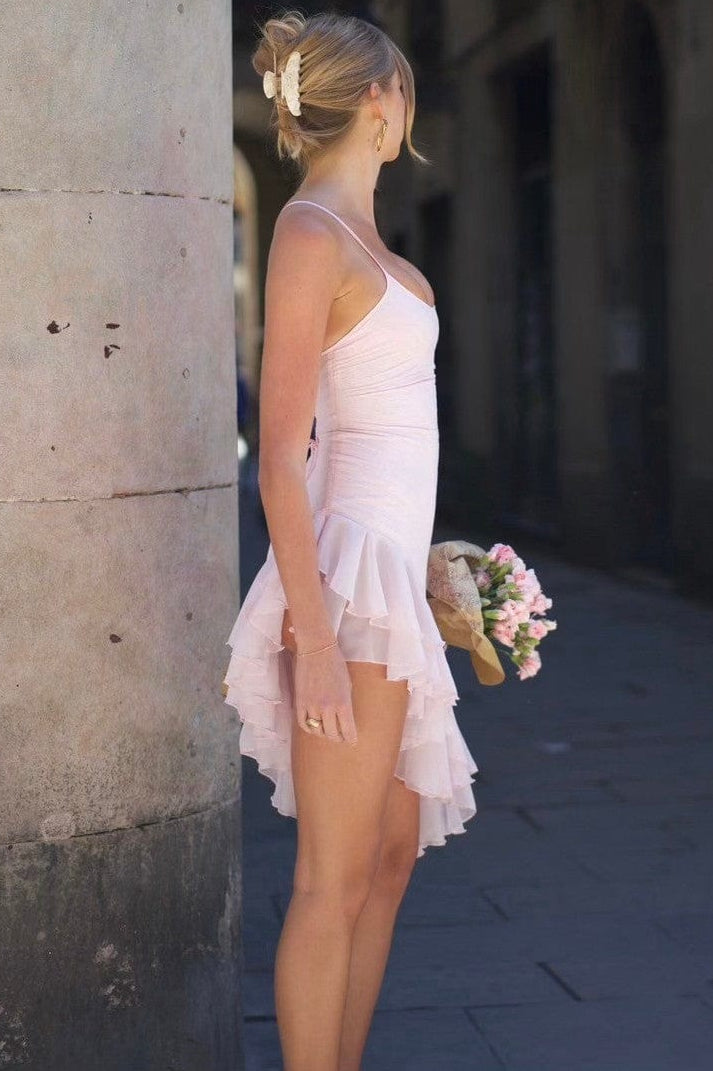 Asymmetric Ruffle Spaghetti Strap Slip Dress