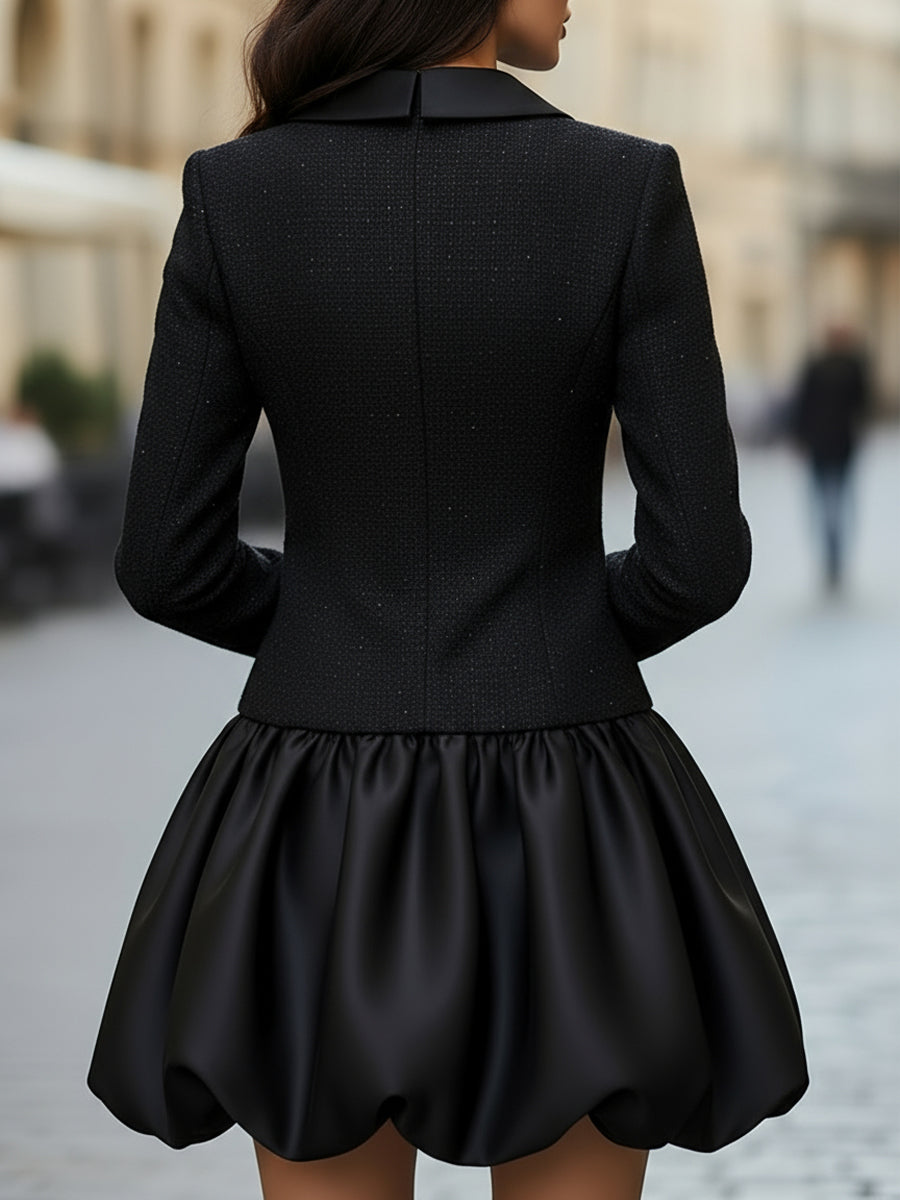 Collared Button-Front Mini Dress with Bubble Skirt