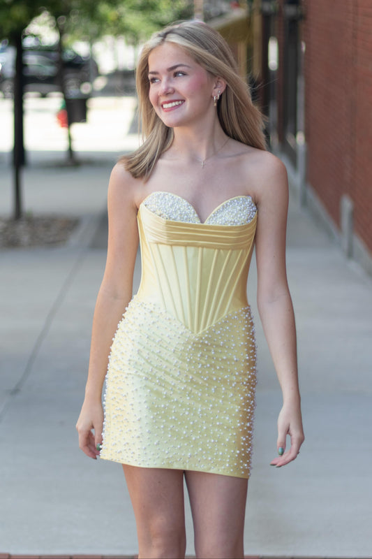 Strapless Pearl Corset Sweetheart Mini Dress