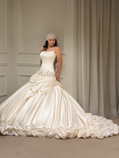 Strapless Satin Ball Gown Wedding Dress with Pick-Up Skirt