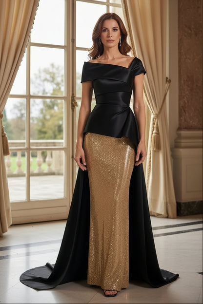 Asymmetrical Satin Peplum Gown with Sequin Slit Skirt